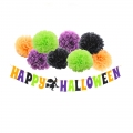 kit de banner de halloween feliz con globos de látex decoraciones de papel de tejido de flor de pompón verde púrpura naranja negro