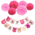 Stock feliz cumpleaños banner papel tisú pom poms flor para cumpleaños fiesta decoraciones rosa blanco púrpura mezcla