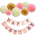 Stock feliz cumpleaños banner papel tisú pom poms flor para cumpleaños fiesta decoraciones rosa blanco púrpura mezcla